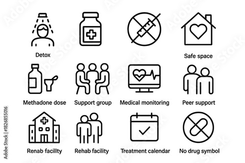 Substance Treatment Icons. Substance use treatment. Line icon set of substance use treatment: detox icon, medication bottle, syringe crossed out, safe space,