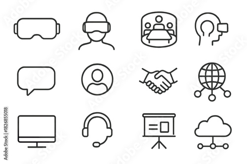 Virtual Reality Icon Set. Virtual Reality Meetings. Line icon set of Virtual Reality Meetings: VR headset, person wearing headset, virtual conference table, 3D