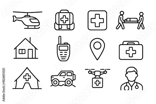 Emergency Icons Set. Emergency Responders Delivering Medical Aid in Remote Areas. Line icon set of Emergency Responders Delivering Medical Aid in Remote Areas: