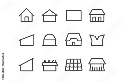 Roof Styles Icons. Roof Styles. Line icon set of Roof Styles: gable, hip, flat, mansard, shed, dome, gambrel, butterfly, saltbox, green roof, tile roof,