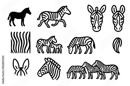 Zebra Silhouette Icon Set. Zebra Silhouette Set. Line icon set of Zebra Silhouette Set: zebra silhouette, standing zebra, running zebra, zebra head, zebra face