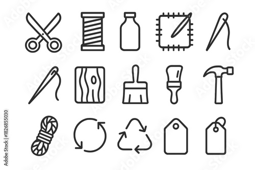 Upcycled Design Icons. Upcycled design. Line icon set of upcycled design: scissors, thread spool, bottle, fabric patch, sewing needle, wooden board, paint