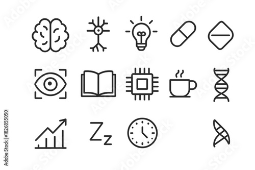 Cognitive Enhancement Icons. Cognitive enhancement. Line icon set of cognitive enhancement: brain, neuron, lightbulb, pill, focus eye, book, computer chip,