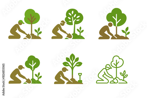 Outdoor Landscaping Icons. Outdoor landscaping design and installation. Icon set. Set Logo of outdoor landscaping design and installation: Tree planting scene.