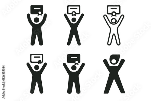 Proud Achievement Icons. Person standing proudly holding a certificate. Icon set. Set Logo of Person standing proudly holding a certificate: Certificate raised
