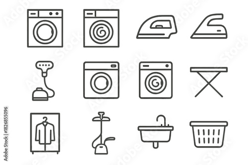 Laundry Icon Set. Folding Laundry. Line icon set of Folding Laundry: t-shirt, pants, socks, towel, laundry basket, hanger, ironing board, folded stack, washing