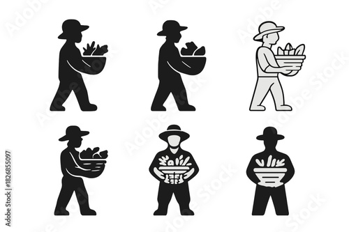 Farmer Icon Set. Carrying a basket of vegetables. Icon set. Set Logo of carrying a basket of vegetables: countryside farmer silhouette. harmonious logo