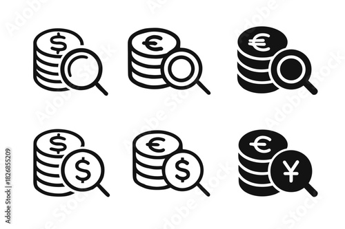 Foreign Coin Logos. Counting foreign money. Icon set. Set Logo of foreign coin stack with magnifier. harmonious logo variations of the same emblematic concept