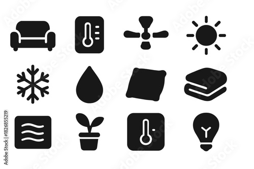 Room Comfort Icons. Room comfort. Solid icon set of room comfort: couch, thermostat, fan, sun, snowflake, droplet, pillow, blanket, air vent, plant,