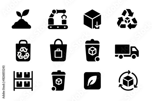 Packaging Lifecycle Icons. Packaging lifecycle. Solid icon set of Packaging lifecycle: raw material, production, usage, recycling, composting, reuse, disposal,