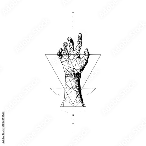 Geometric line art illustration of a reaching human hand