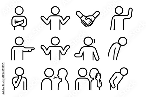 Body Language Icons. Body language. Line icon set of body language: crossed arms, open arms, handshake, raised hand, pointing, shrug, nodding,