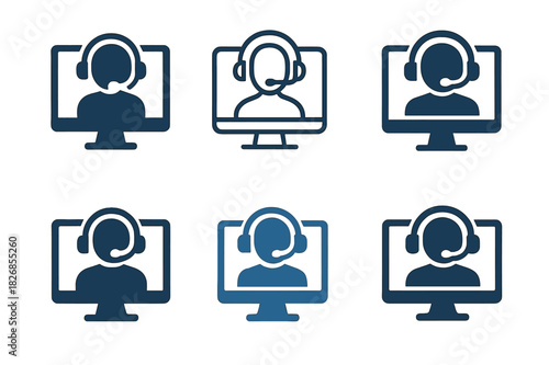 Online Learning Icons. Virtual classrooms and online education. Icon set. Set Logo of online education: student headset and monitor. harmonious logo variations