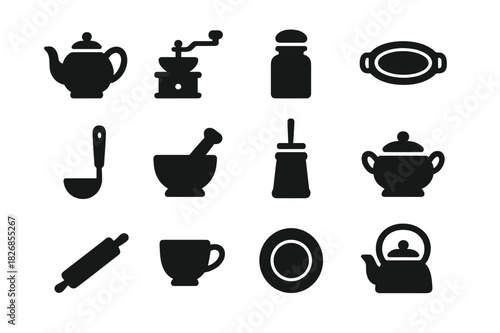 Antique Kitchenware Icons. Antique Kitchenware. Solid icon set of teapot, coffee grinder, spice jar, serving tray, ladle, mortar and pestle, butter churn,