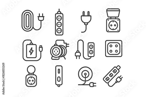 Outdoor Power Icons. Outdoor power. Line icon set of outdoor power: extension cord, power strip, plug, weatherproof socket, portable charger, cable reel, surge