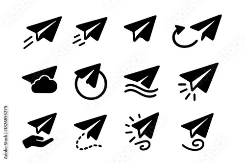 Paper Plane Icons. Paper plane in action. Solid icon set of Paper plane in action: thrown plane, motion lines, trajectory arrow, cloud, loop, wind icon, hand