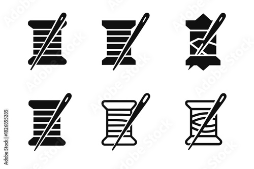 Stitch Logo Set. Stitch. Icon set. Set Logo of stitch: thread spool and needle. harmonious logo variations of the same emblematic concept, each with different