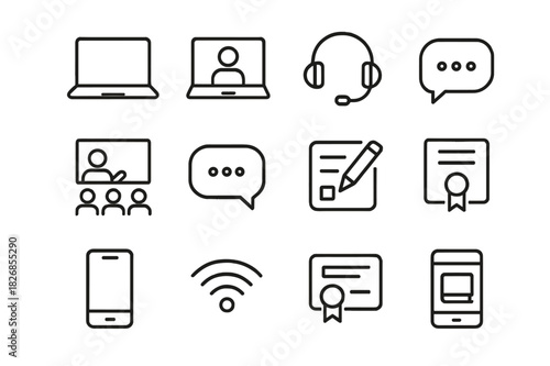 Online Education Icons. Online education. Line icon set of online education: laptop, video lecture, headset, virtual classroom, chat bubble, online assignment,