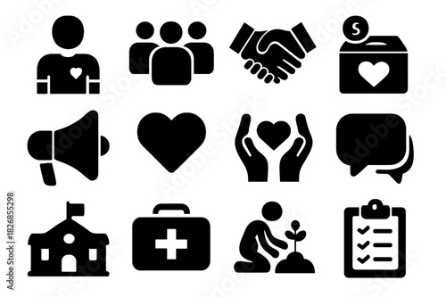 Community Efforts Icons. Local Initiatives. Solid icon set of volunteer, group of people, handshake, donation box, megaphone, heart, helping hands, speech