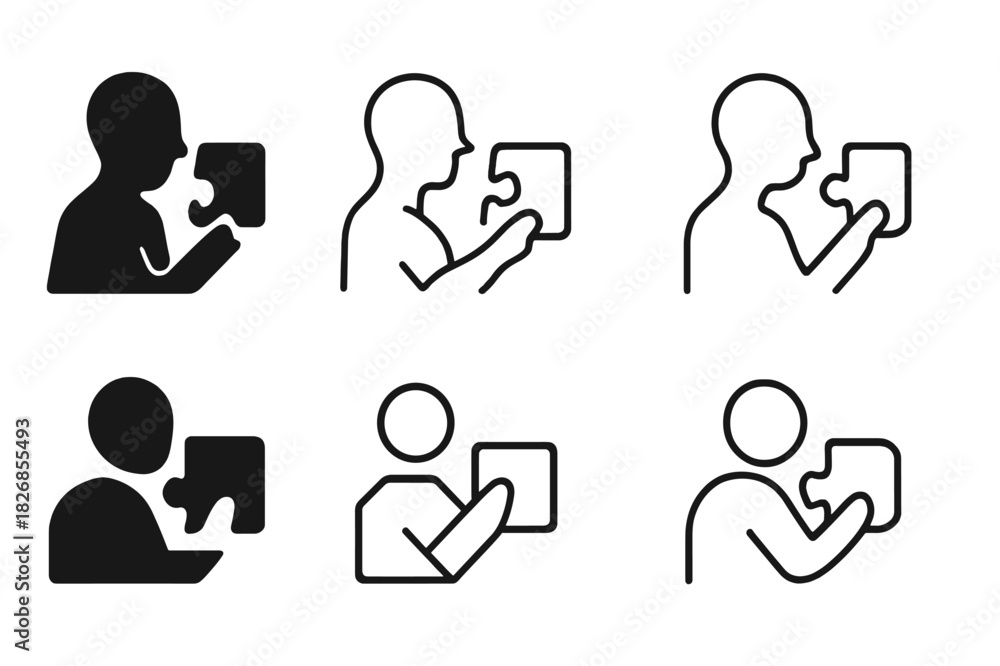 Obraz premium Active Learning Logos. Active learning. Icon set. Set Logo of active learning: learner solving puzzle. harmonious logo variations of the same emblematic