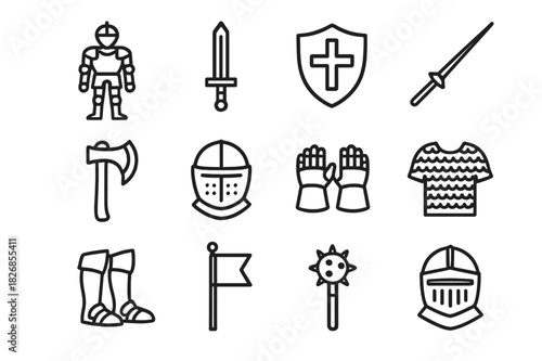 Iconic Knight Gear. Battle Knight. Line icon set of Battle Knight: armored knight, sword, shield, lance, battle axe, helmet, gauntlets, chainmail, boots,