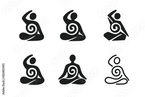 Movement Meditation Logos. movement meditation. Icon set. Set Logo of movement meditation: spiraling motion pose. harmonious logo variations of the same