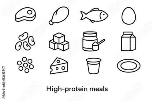 High-Protein Icon Set. High-protein meals. Line icon set of high-protein meals: steak, chicken breast, fish, egg, tofu, beans, protein powder, milk, lentils,