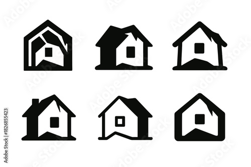Abandoned House Logos. Dilapidated house with no sign of life. Icon set. Set Logo of abandoned home: roof caving inward. harmonious logo variations of the same
