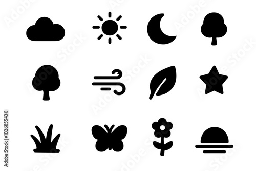Peaceful Sky Icons. Peaceful sky. Solid icon set of peaceful sky: cloud, sun, moon, bird, tree, breeze, leaf, star, grass, butterfly, flower, horizon. Filled