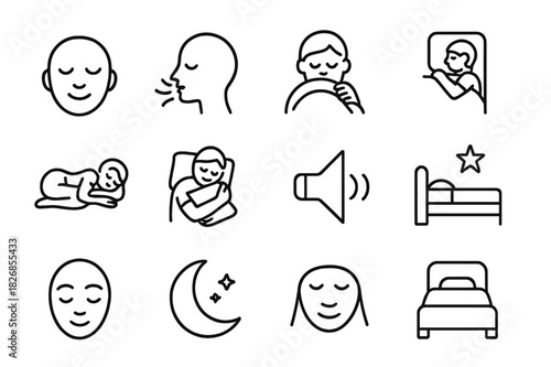 Peaceful Sleep Icons. Peaceful sleep. Line icon set of peaceful sleep: calm face, light breathing, blanket pull, cozy corner, sleeping posture, pillow embrace,