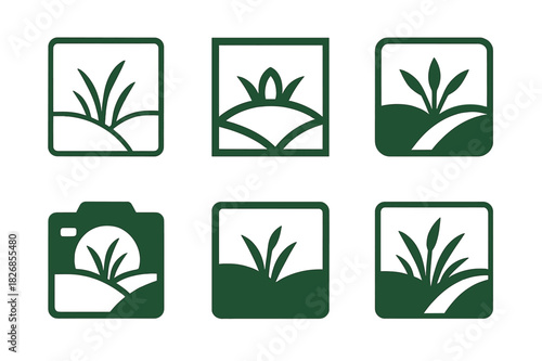 Nature Photoshoot Logos. May photoshoot in nature. Icon set. Set Logo of nature photoshoot: meadow and photo frame. harmonious logo variations of the same