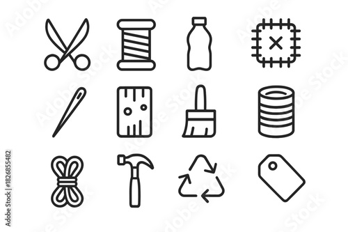 Upcycled Design Icons. Upcycled design. Line icon set of upcycled design: scissors, thread spool, bottle, fabric patch, sewing needle, wooden board, paint