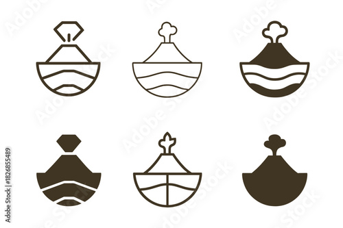 Volcanic Layer Logos. Lithosphere. Icon set. Set Logo of volcanic layer. harmonious logo variations of the same emblematic concept (Abstract geometric, Minimal