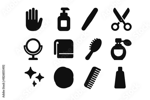 Personal Grooming Icons. Personal grooming. Solid icon set of personal grooming: hand, lotion, nail file, scissors, mirror, towel, brush, perfume, comb,