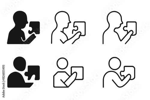 Active Learning Logos. Active learning. Icon set. Set Logo of active learning: learner solving puzzle. harmonious logo variations of the same emblematic