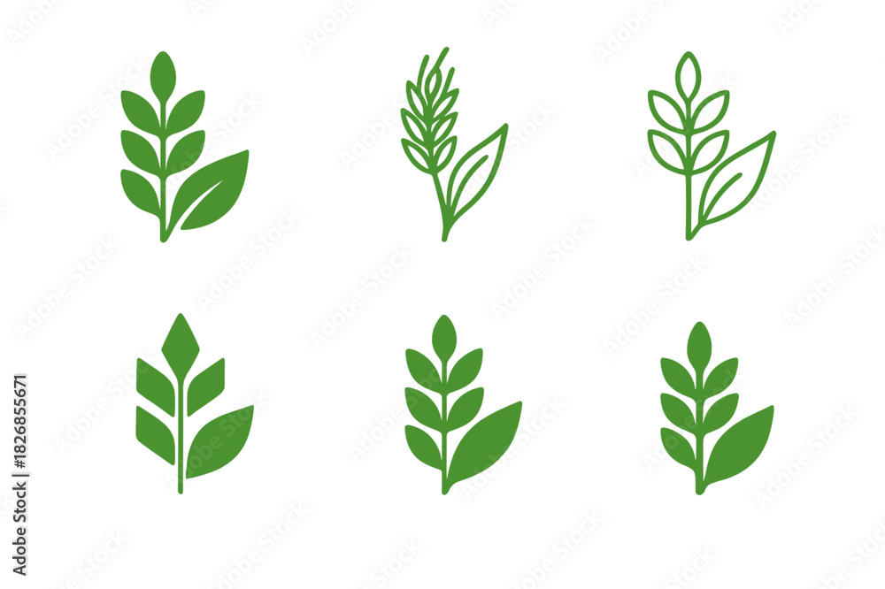 Obraz premium Plant-Based Logo Variations. Plant-Based Diet. Icon set. Set Logo of Plant-Based Diet: grain stalk and leaf design. harmonious logo variations of the same