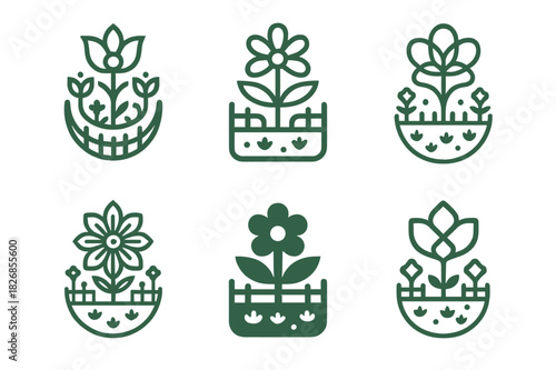 Harmonious Park Logos. Park. Icon set. Set Logo of park: flower garden layout. harmonious logo variations of the same emblematic concept, each with different