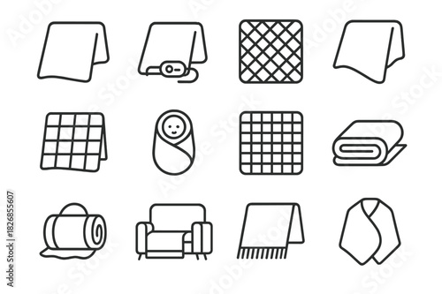 Knee Blankets Icons. Knee Blankets. Line icon set of Knee Blankets: lap blanket, electric lap blanket, knitted lap blanket, fleece lap blanket, quilted lap