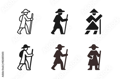 Pilgrim Logo Variations. Holy pilgrimage. Icon set. Set Logo of Holy pilgrimage: Pilgrim walking with staff. harmonious logo variations of the same emblematic
