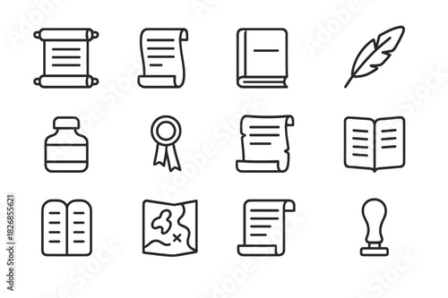 Manuscript Icon Set. Preserved Manuscripts. Line icon set of Preserved Manuscripts: ancient scroll, old manuscript, book, quill, ink bottle, seal, parchment,