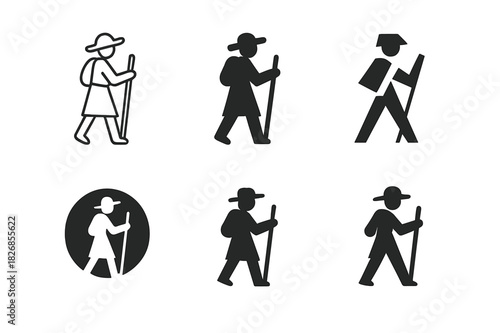 Pilgrim Logo Variations. Holy pilgrimage. Icon set. Set Logo of Holy pilgrimage: Pilgrim walking with staff. harmonious logo variations of the same emblematic