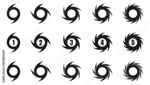 Hurricane icons showing different rotational shapes and storm categories. Bold black silhouettes emphasize strong motion and intensity
