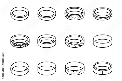Wedding Band Icons. Wedding bands. Line icon set of wedding bands: classic band, comfort fit, eternity band, milgrain band, engraved band, double band, braided