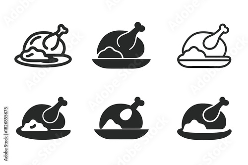 Roasted Chicken Logos. Preparing a roasted chicken with a side of mashed potatoes. Icon set. Set Logo of roasted chicken meal: roasted chicken with herbs.