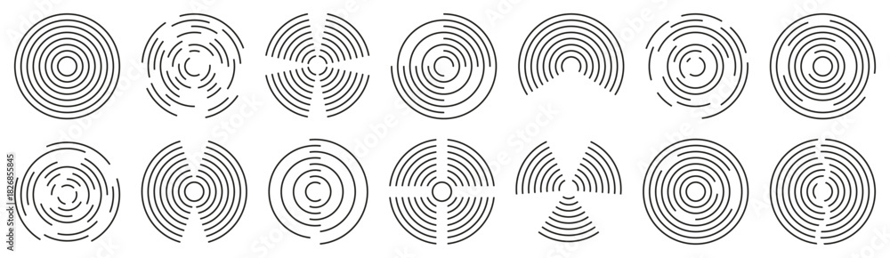 Fototapeta premium Concentric line circles with segmented geometric variations. Each form shows rhythmic movement through repeated curves and openings