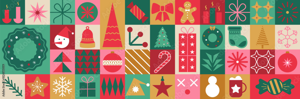 Fototapeta premium Christmas icon grid with colorful holiday elements. Decorative objects like trees, gifts, wreaths, and stars arranged in geometric composition. Perfect for festive patterns or greeting backgrounds