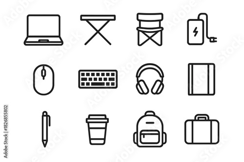 Portable Workstation Icons. Portable Workstation. Line icon set of Portable Workstation: laptop, foldable table, travel chair, power bank, mouse, keyboard,