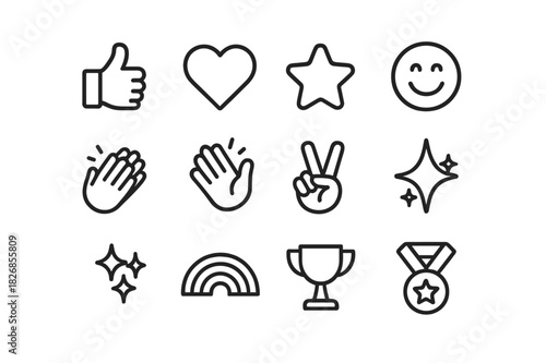 Positive Icons Set. Positive reactions. Line icon set of positive reactions: thumbs up, heart, star, smiling face, clapping hands, high five, victory hand,