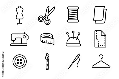 Tailoring Icon Set. Tailoring and fit. Line icon set of tailoring and fit: mannequin, scissors, thread, fabric, sewing machine, tape measure, pin cushion,