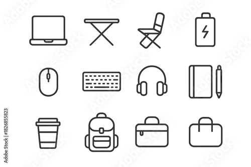 Portable Workstation Icons. Portable Workstation. Line icon set of Portable Workstation: laptop, foldable table, travel chair, power bank, mouse, keyboard,